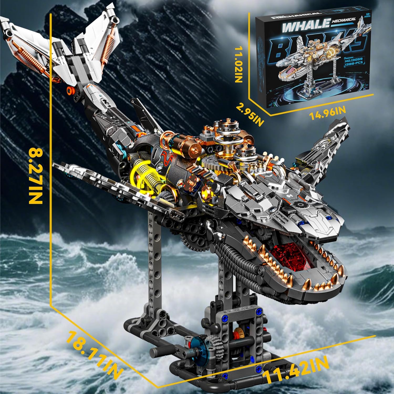 Mechanical Whale Building Set, Ocean Animal Model with Light for Adults & Boys Home Office Decor -1388PCS - Image 2